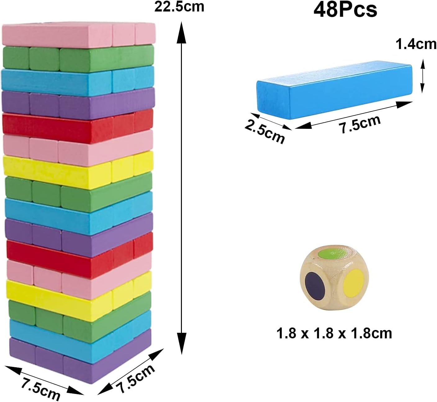 JENGA 45 PCS wooden block to build a tower with 2 Dice Stacking Multicolor