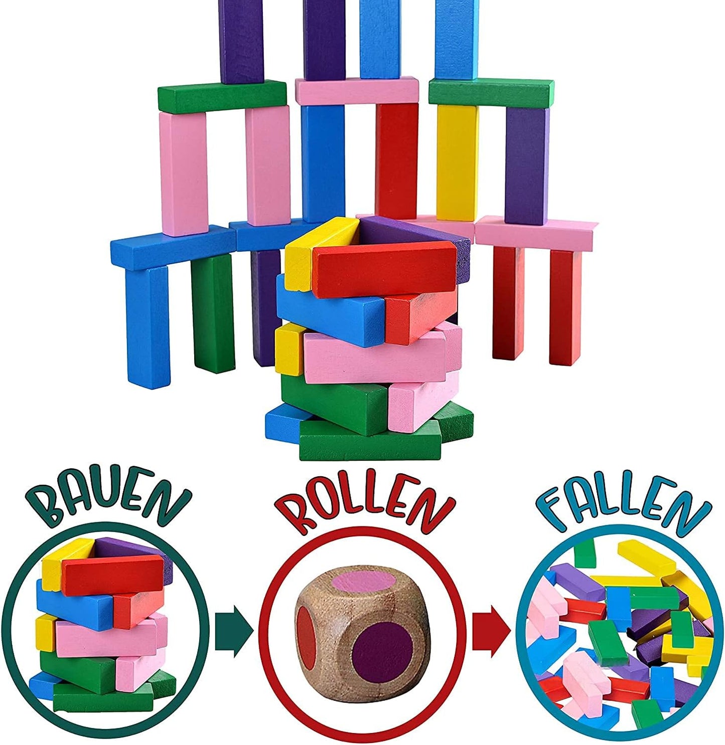 JENGA 45 PCS wooden block to build a tower with 2 Dice Stacking Multicolor