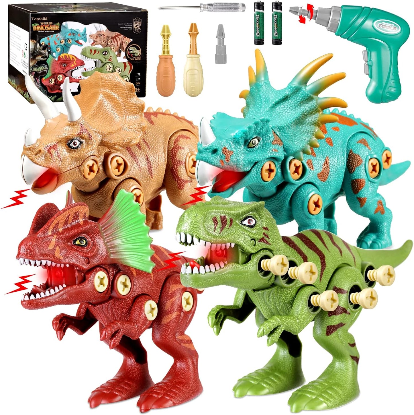 Dinosaur Toys w/ Light Sound for Kids, STEM Construction Building Educational Learning Kids Toys with Electric Drill