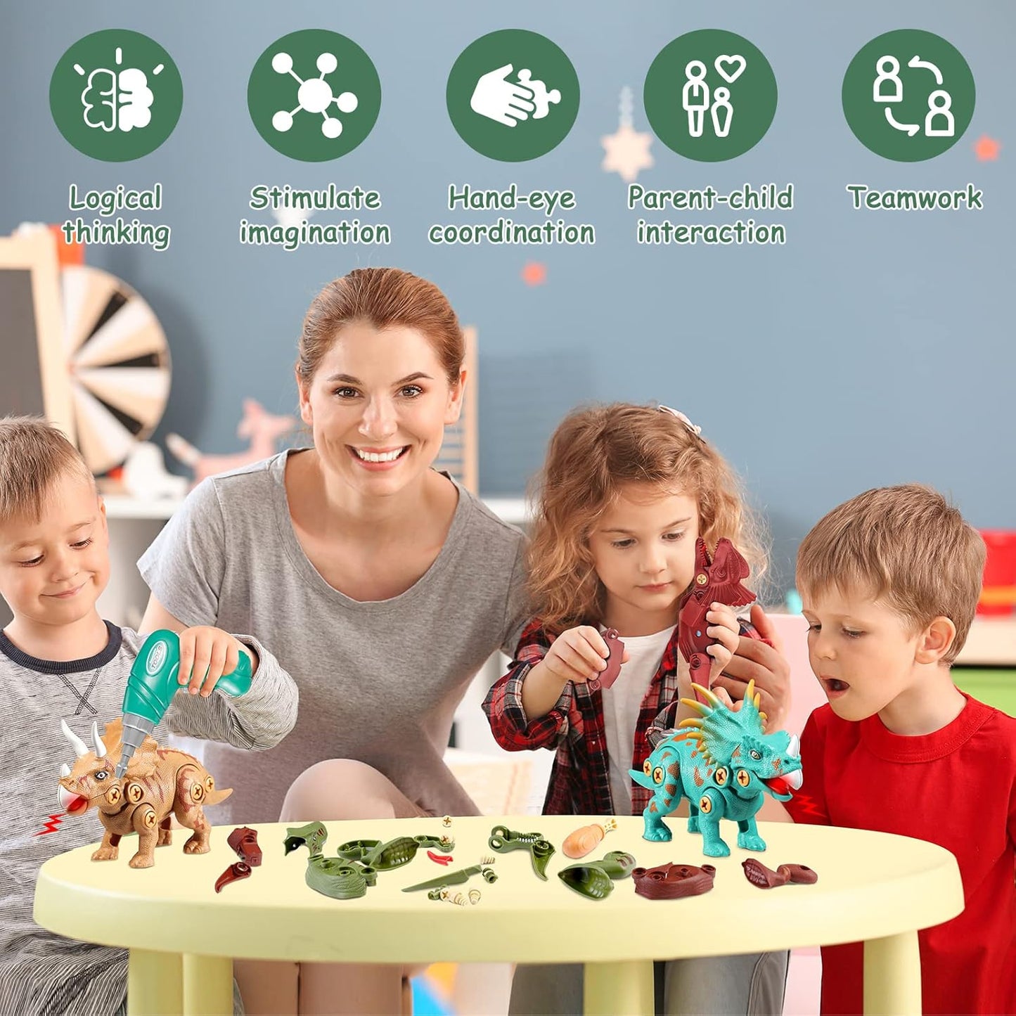 Dinosaur Toys w/ Light Sound for Kids, STEM Construction Building Educational Learning Kids Toys with Electric Drill