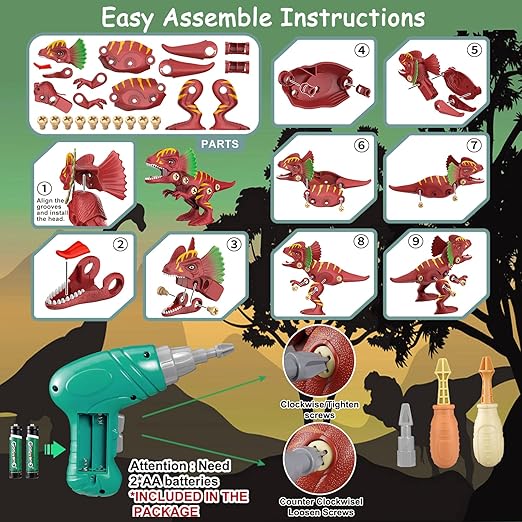 Dinosaur Toys w/ Light Sound for Kids, STEM Construction Building Educational Learning Kids Toys with Electric Drill