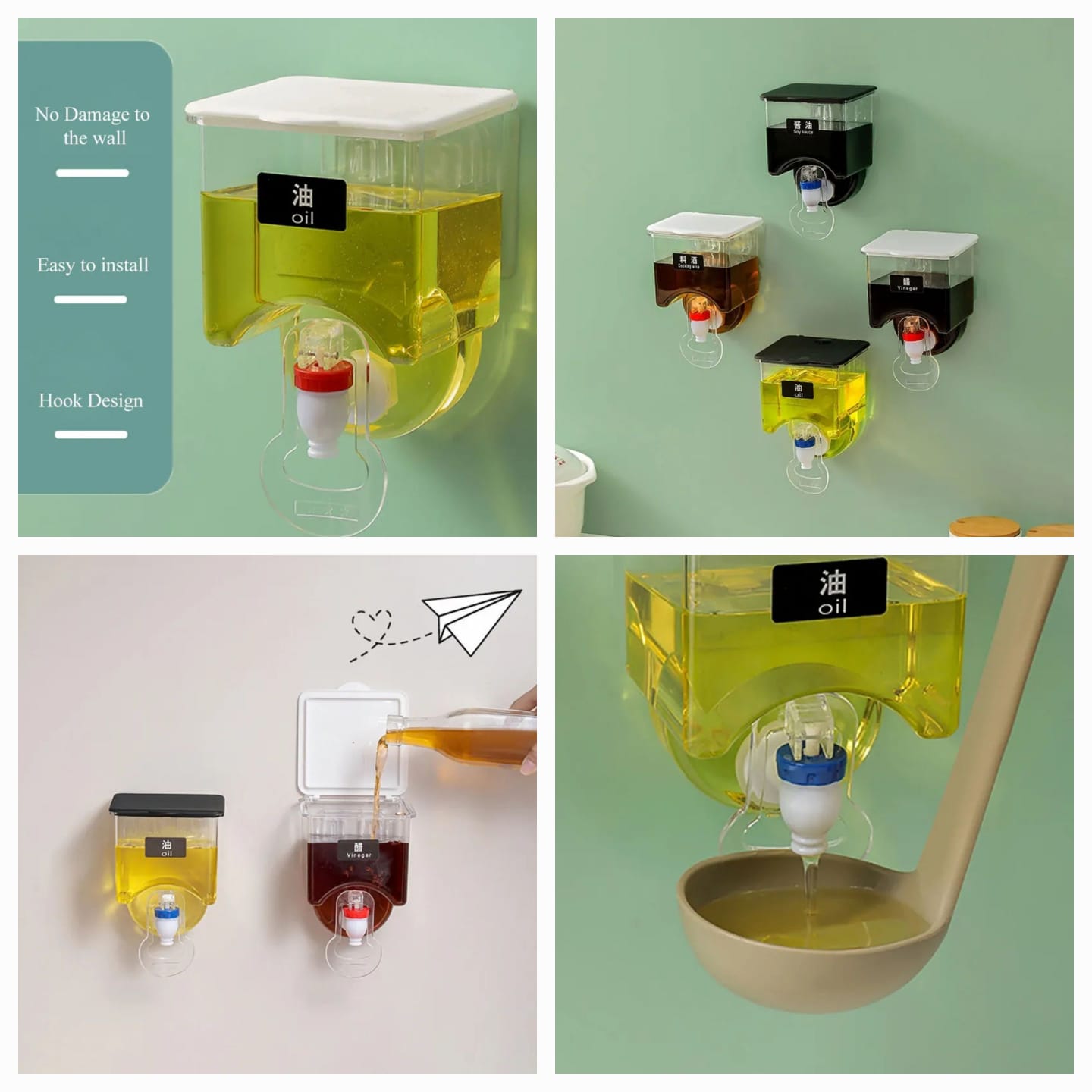 Wall-Mounted Oil Vinegar Dispenser Jar Container Faucet Type Condiment Box Oil Dispenser